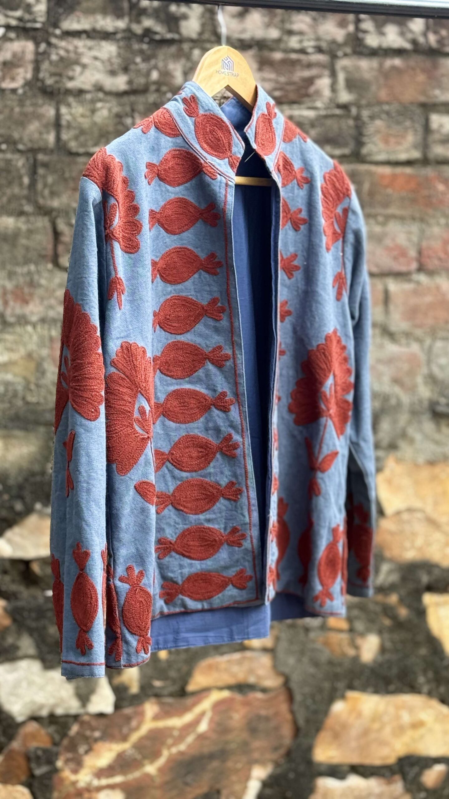 Womens Light Blue Velvet Embroidered Jacket with Floral Design - Image 5